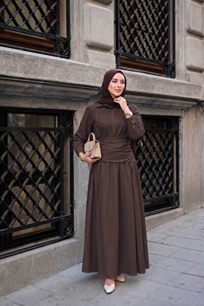 LOCCO Women's Hidden Button Detail Skirt Layered Poplin Suit Brown