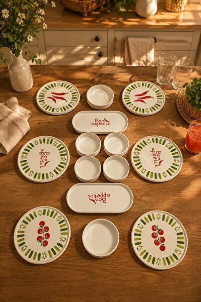 Papart Green Bon Appetit 14 Parça 6 Kişilik Stackable Seramik Kahvaltı Takımı...