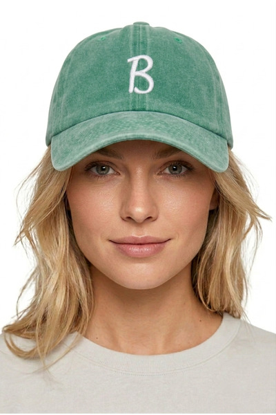 ŞapkaMania Light Green Embroidered Washable Vintage Unisex Hat with Letter B