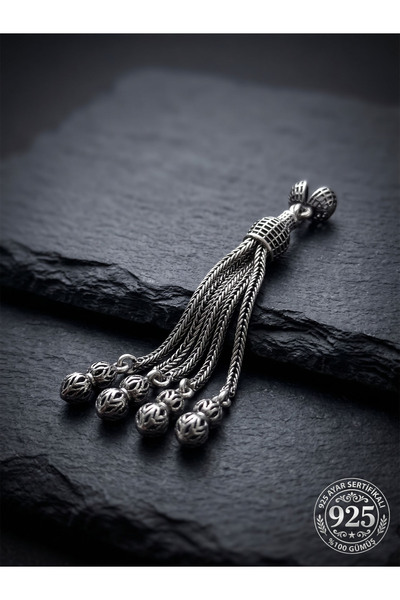 Roza Silver 925 Ayar Gümüş Otantik İşleme Boğum Uçlu 4lü Zincir Tesbih Püskülü