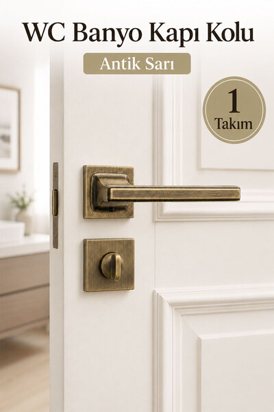 Badem10 Techno Olifka Mat Antik Sarı Premium Kare Rozetli WC Kapı Kolu Banyo ...