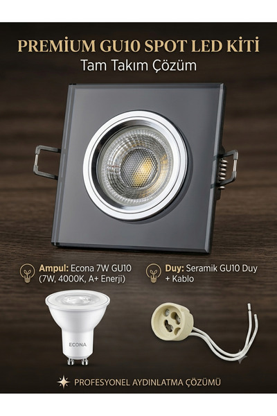 YEŞİM CT-6647 Dekoratif Siyah Cam Spot Günışığı Spot Ampul+GU 10 Duylu Tavan ...