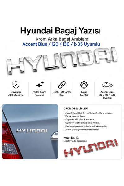 artek Hyundai Bagaj Yazısı Krom Arka Bagaj Amblemi Accent Blue i20 i30 ix35 U...