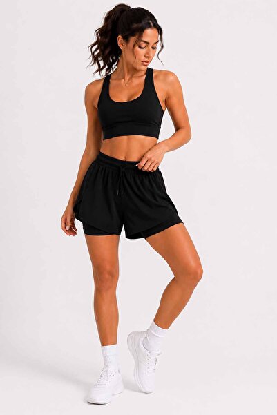 rekorsport Women's Double Layer Shorts Leggings – High Waist Running, Fitness...