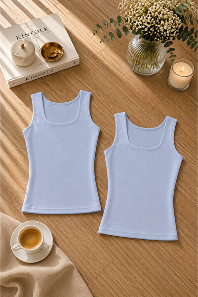 ROZELT Women's Blue Square Collar Strappy Cotton Lycra Combed Cotton 2-Piece ...