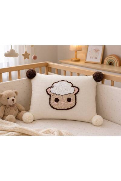 lalin Lamb Pattern Embroidered Decorative Pillow with Pompom Detail for Baby/...