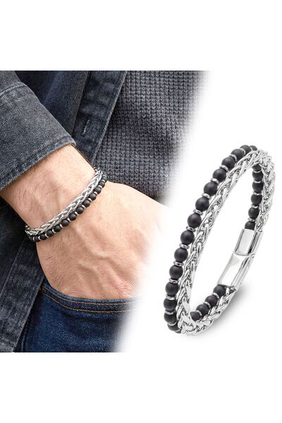 OGHAMAY Matte Onyx and Silver Hematite Bracelet with Steel Chain 18392B21D11