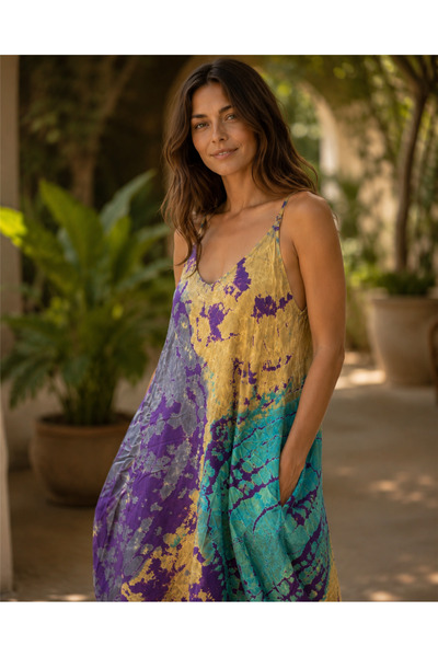 Miss Boheme Purple Color Tie-Dye Patterned Strap Dress