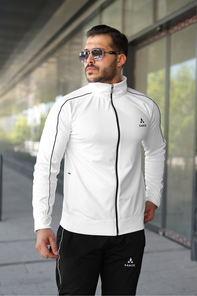 KANOX Men's White Stripe Detailed Embroidered Regular Fit Diving Fabric Tracksuit Set