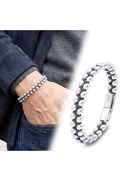 OGHAMAY Hematite and Steel Rope Men's Bracelet 18392B18D1