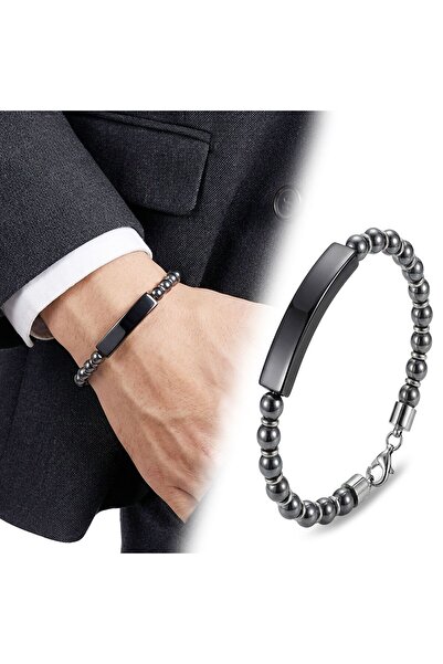 OGHAMAY Hematite Black Name-Engravable and Adjustable Steel Chain Bracelet 18...