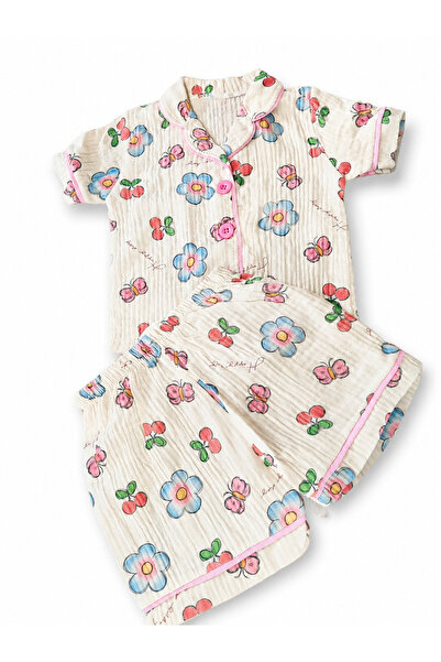 KÜÇÜK TERZİ Kız Çocuk %100 Pamuk Müslin Kısa Kollu Pijama Takımı Çiçek Desenl...