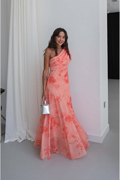 Havoş Orange Patterned One Shoulder Chiffon Dress