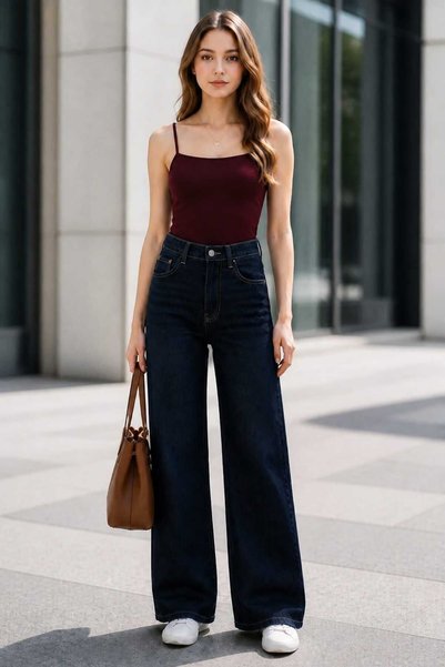 we-rayss Koyu Lacivert Renk Likralı Rahat Kalıp, Yüksel Bel, Bol Paça Jeans&K...