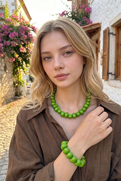 bacc Oil Green Big Stone Modern Style Ethnic Bracelet Necklace Set