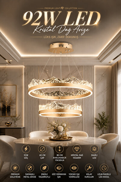 Elvora Home Modern (PREMİUM) Gold Kristal Dağ Tasarımlı 2 Halkalı LED Avize S...