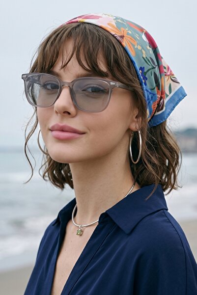 InStyle Çiçekli Blok Desenli Mavi-Pembe Bandana Fular 50x50