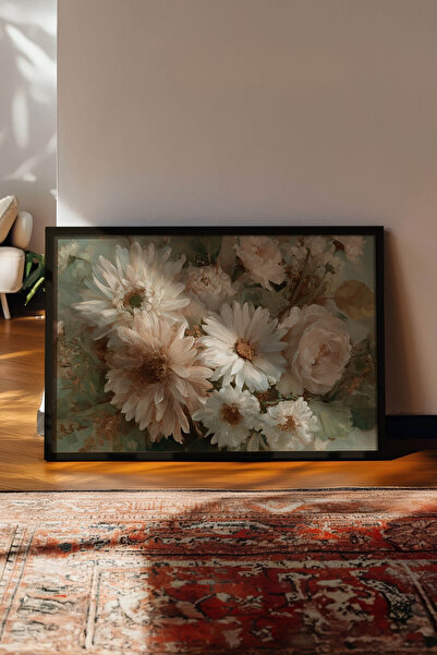 Zestia Vintage Horizontal Wall Art, Pastel Daisy Rose Bouquet, Black Framed N...