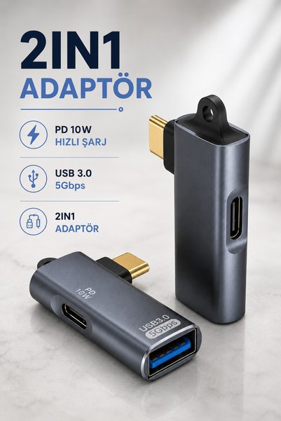 Coverzone Type-C OTG Adaptör PD 10W Şarj USB 3.0 5Gbps Type-C USB-A Dönüştürücü | ADS-617