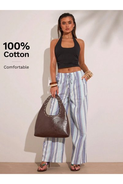 landoffashiontr بلوزة هالتر كروب توب - بلوزة بحزام حول الرقبة (95% قطن)