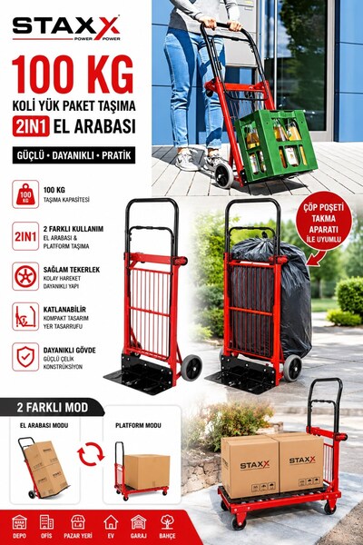 STAXX POWER 2In1 Katlanabilir Platform Arabası 100 Kg El Arabası Koli Paket M...