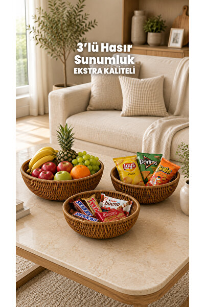 Destpak 3-Piece Wicker Presentation Basket Badya Basin Plate Bowl - Desktop O...