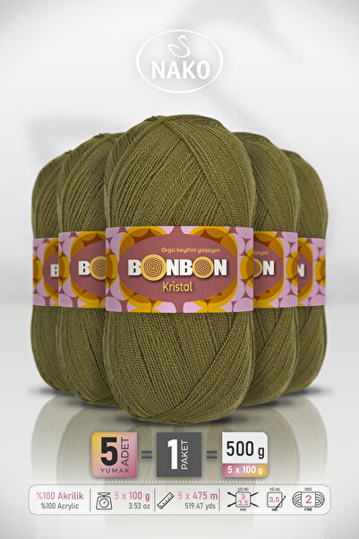 BONBON Κρύσταλ - Χακί (98687) - Πακέτο 5 τεμαχίων - 100γρ/475μ - Νήμα για πλέ...