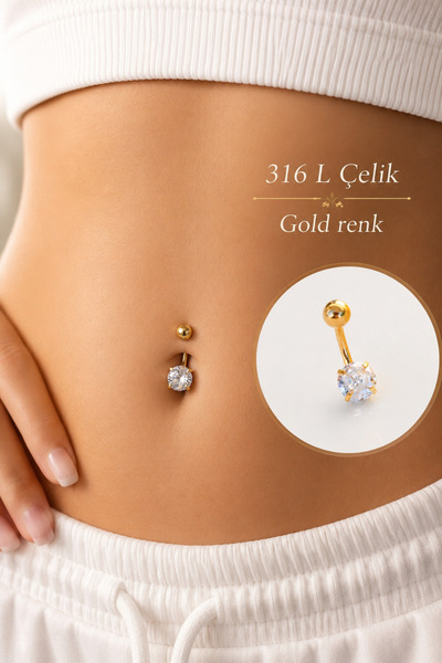 moonzy - minimalist & cozy 316L Çelik Tektaş Göbek Piercing Zirkon Taşlı Gold...