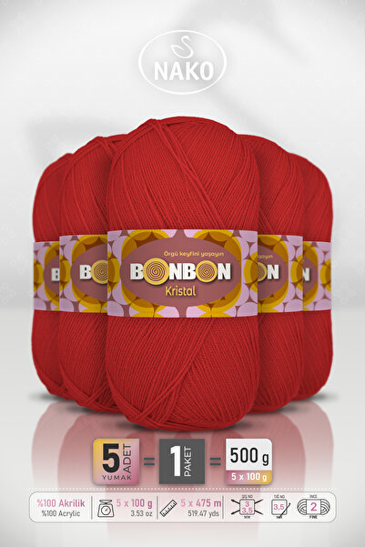 BONBON Kristal - Red (98211) - 5-Pack - 100Gr/475M - Fine Yarn Hand Knitting ...