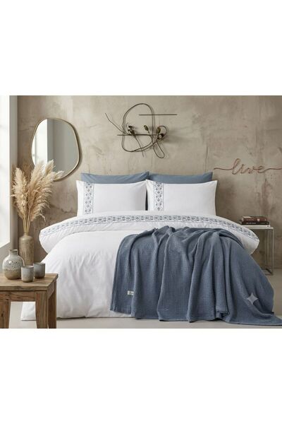 İyi Geceler İstanbul Piqué Quilted Embroidered Duvet Cover Set Anatolian Blue