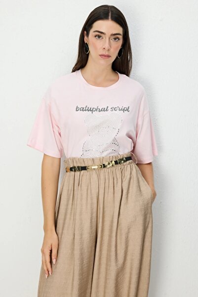 ON Γυναικείο T-Shirt με στάμπα αρκουδάκι από πέτρα 70341 Ροζ