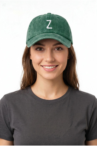 ŞapkaMania Letter Z Dark Green Embroidered Washable Vintage Unisex Hat