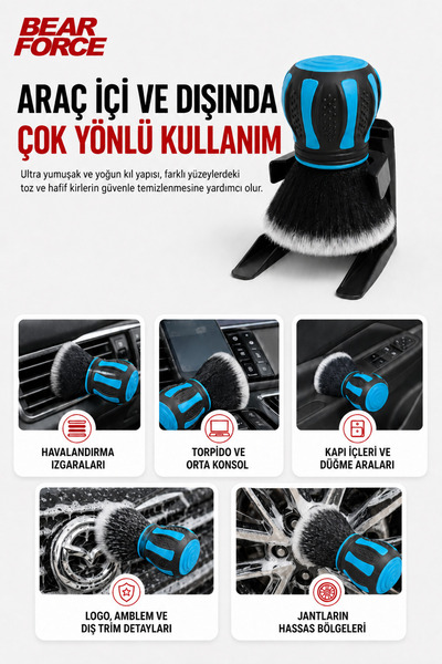 ROBEVE Bear Force XL Ultra Yumuşak Oto Detay Fırçası | Araç İç ve Dış Temizlik Fırçası | Ergonomik Tutuş | Çizmeden Temizlik | Stand Dahil | Jant, Havalandırma, Torpido ve Detay Temizleme Fırçası