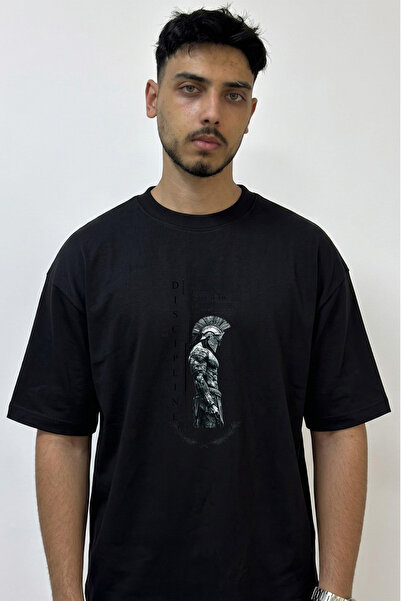 Anetos Spartan Savasci Design Printed Oversize Black T-Shirt