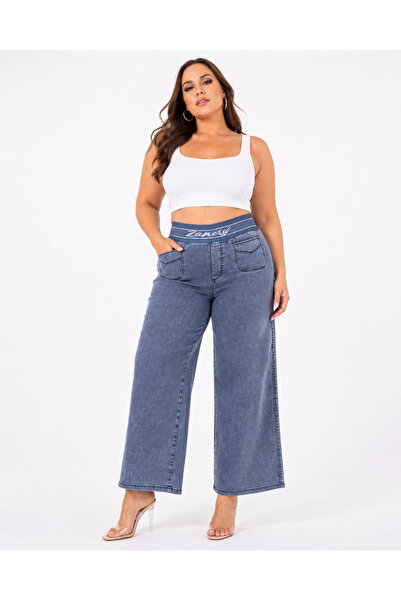 ZANESSİ FASHION Plus Size Akar Fabric Elastic High Waist Wide Leg Women's Tro...