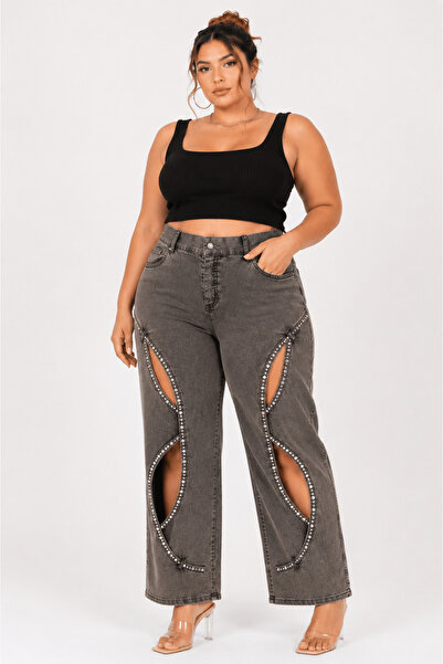 ZANESSİ FASHION Plus Size Denim Stoned High Waist Window Detailed Wide Leg Wo...