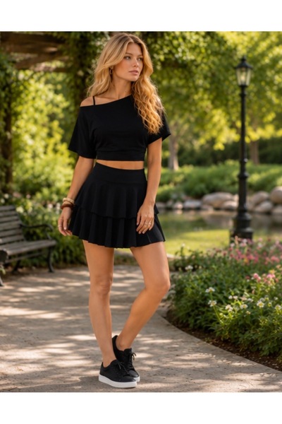 Arzulica Black Mykonos Sports Shorts Skirt High Waist Diving Fabric Swim Shorts