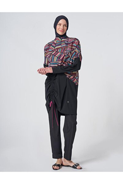 Kayra Geometric Pattern Hijab Swimsuit Black