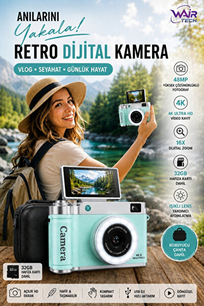 Wair Teknoloji 4K Çantalı Dijital Retro Video Kamera 48MP 16X Zoom Işıklı Len...