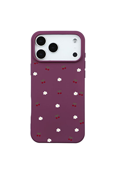 Casen iPhone 17 Pro Max Bordo Lansman Renkli Silikon Kiraz ve Çiçek Desenli K...