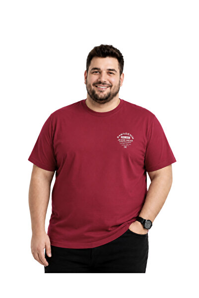 BattalModa Men's Large Size Burgundy Crew Neck Short Sleeve Raw T-Shirt 5Xl-6...