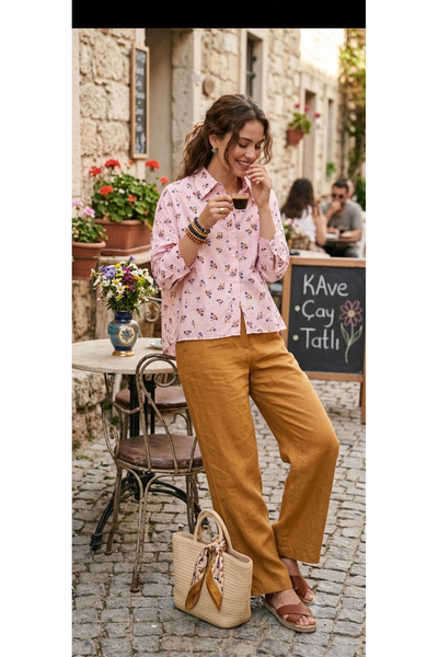 Avcılar Bazaar Kadın Asimetrik Oversize Çiçek Desenli Pamuk Cepli Gömlek