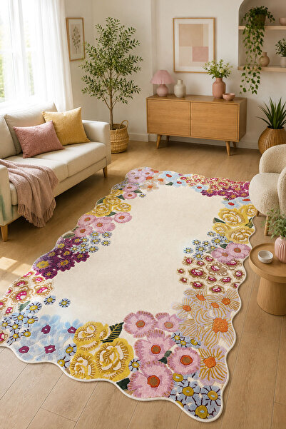 Toronto Home Dijital Kaymaz Yıkanabilir Renkli Çiçekli Vintage Salon Halısı M...