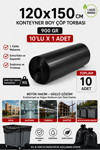 New City 120x150 cm 240 Litre Konteyner Boy Çöp Torbası 10 Adet Siyah Dayanık...