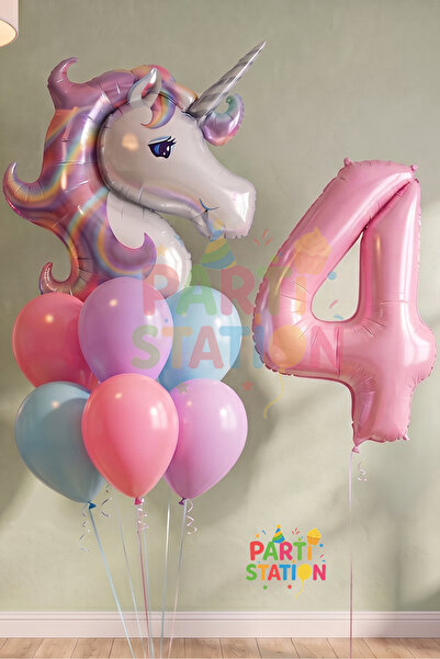 Parti Station 4 Yaş Unicorn Doğum Günü Balon Seti | Unicorn Folyo Balon + Rak...