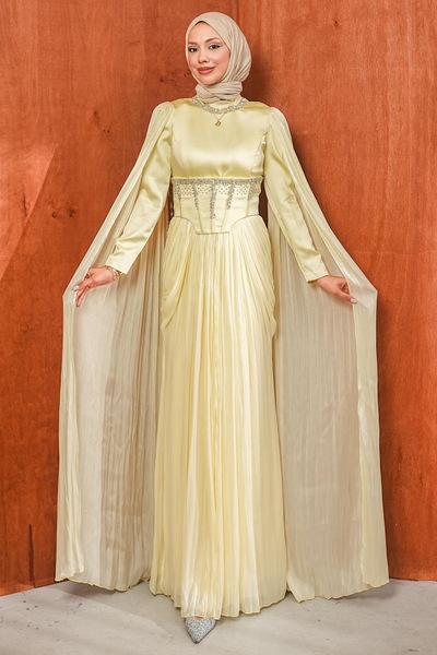 İmajButik Sarı Taş İşlemeli Korseli Piliseli Abiye