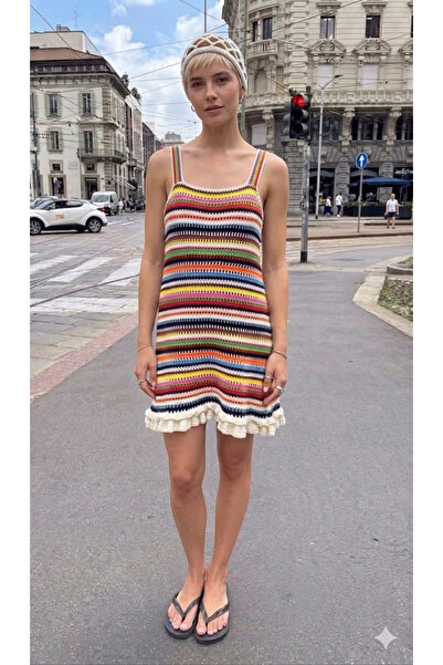 MEGAHAN BOUTIQUE Megahan trend çızgılı renklı el örgü tığ ısı yazlık askılı p...