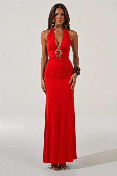 pink life Red Backless Buckle Maxi Dress