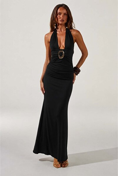 pink life Black Maxi Backless Dress with Buckle Detail