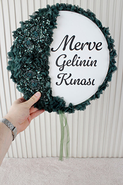 Mortex Zümrüt Yeşili Aplik ve 3D Çiçek Süslemeli Kişiye Özel Gelin Tefi 32 cm...